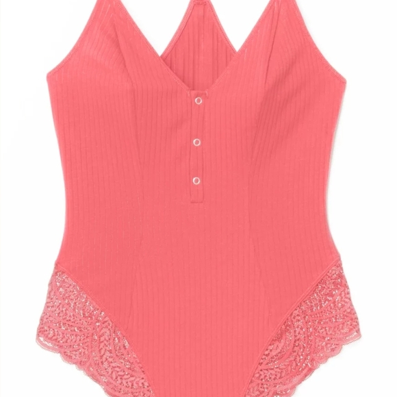 Adore Me Coral Ribbed Bodysuit with Lace Accents - Picture 3 of 3